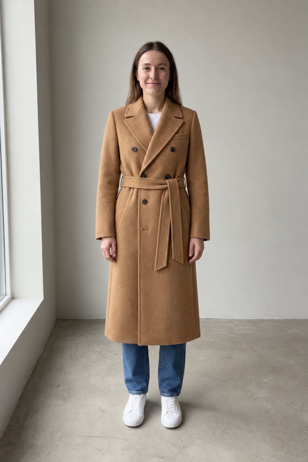 The same woman wearing a long camel wool coat