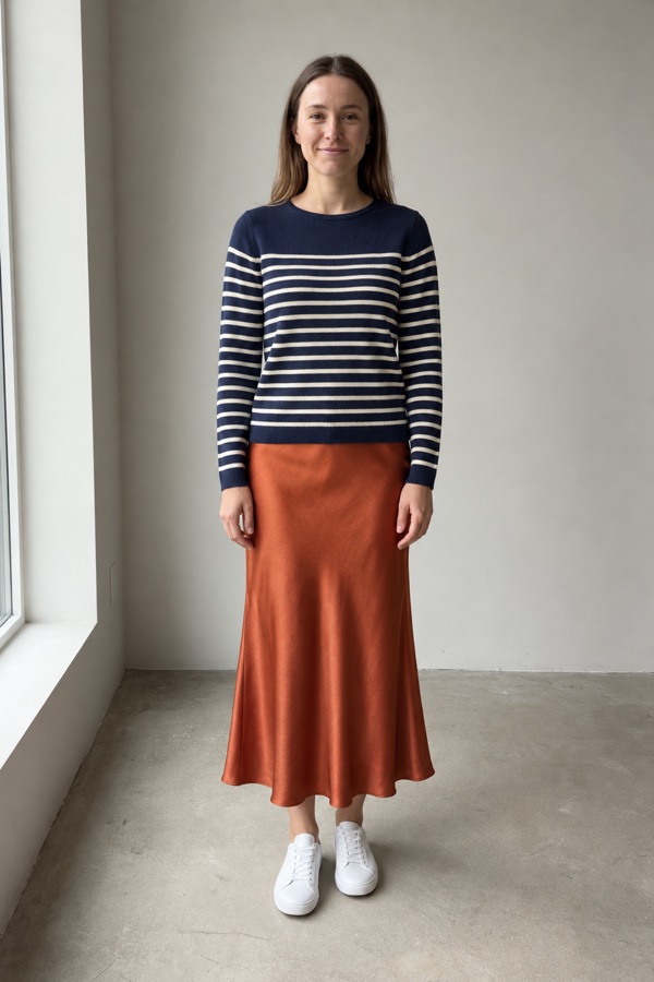 The same woman wearing a striped jumper and a rust satin skirt