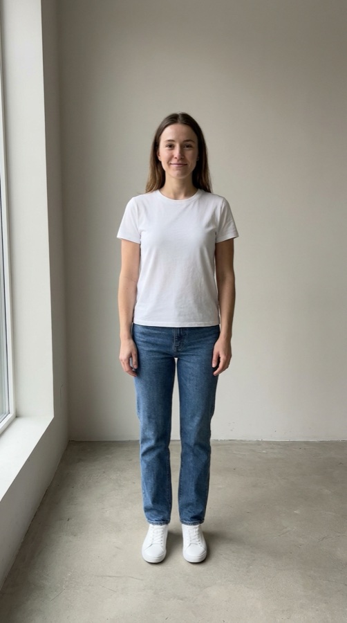 The photo the looks start from: a woman in a white t-shirt and jeans