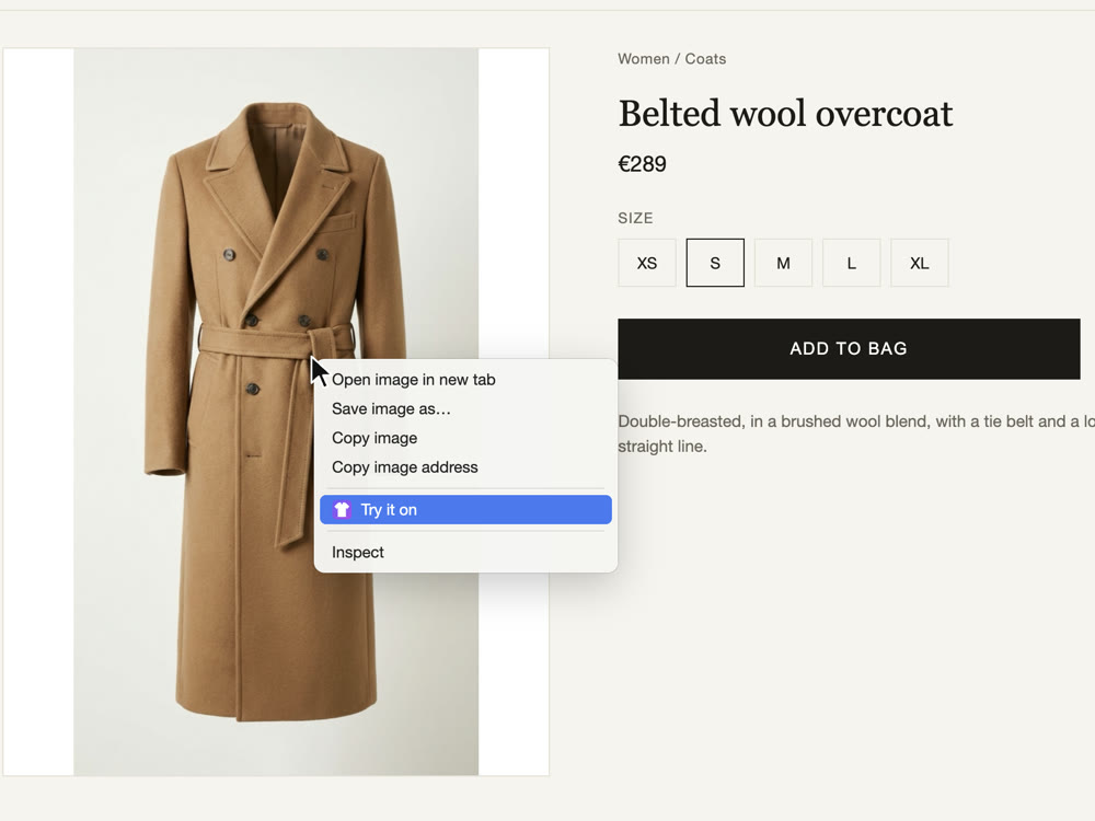 Right-clicking a coat on a shop page and choosing Try it on