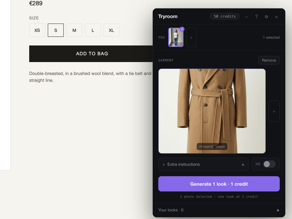 The Tryroom panel with your photo and a coat, ready to generate